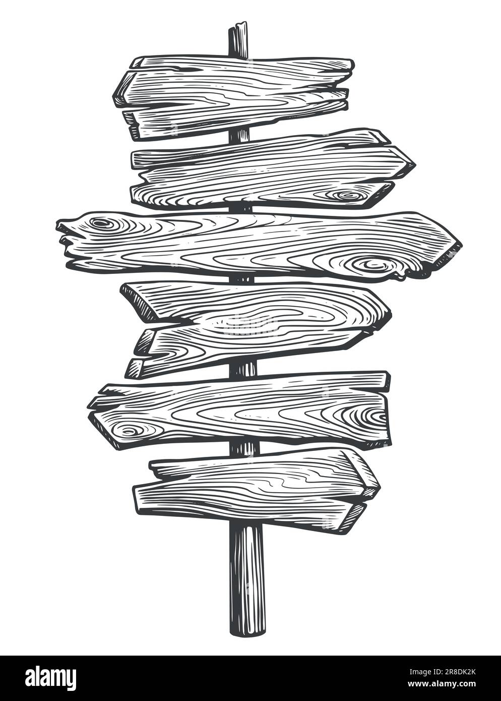 Poteau avec panneaux directionnels en bois et flèches. Type de gravure de poteau de guidage. Illustration du vecteur d'esquisse Illustration de Vecteur