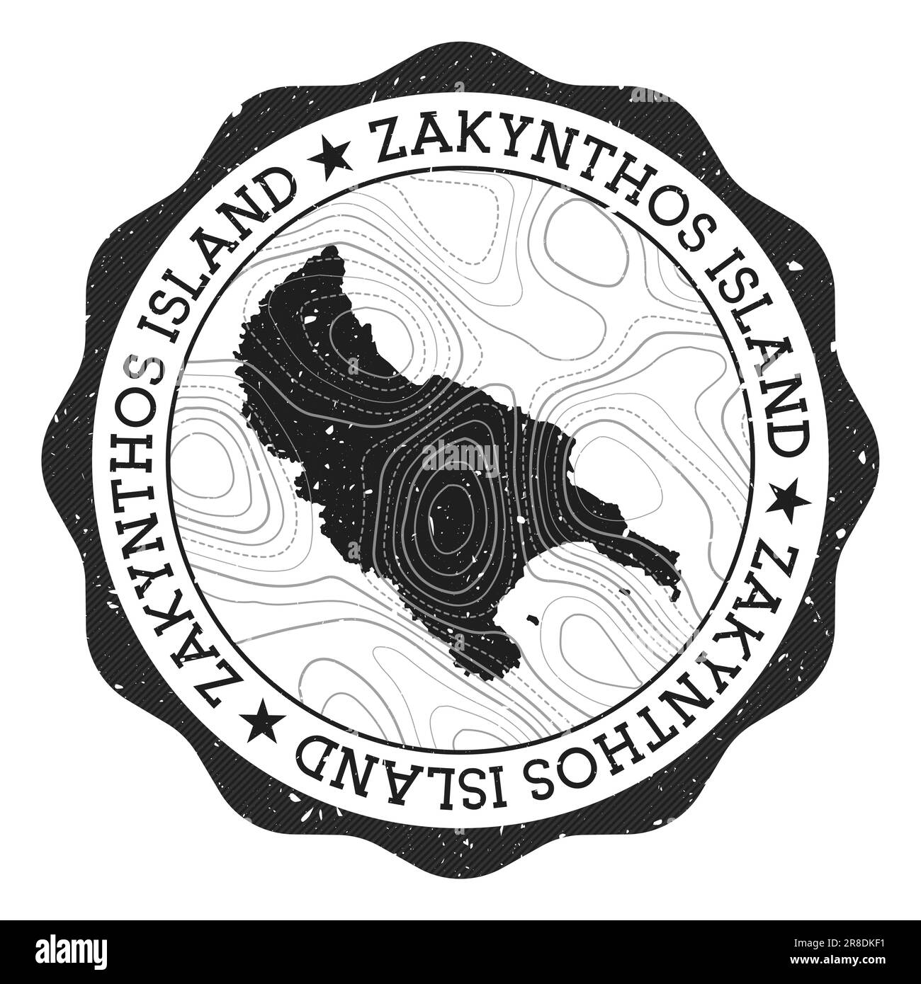 Timbre extérieur de l'île de Zakynthos. Autocollant rond avec carte avec isolines topographiques. Illustration vectorielle. Illustration de Vecteur
