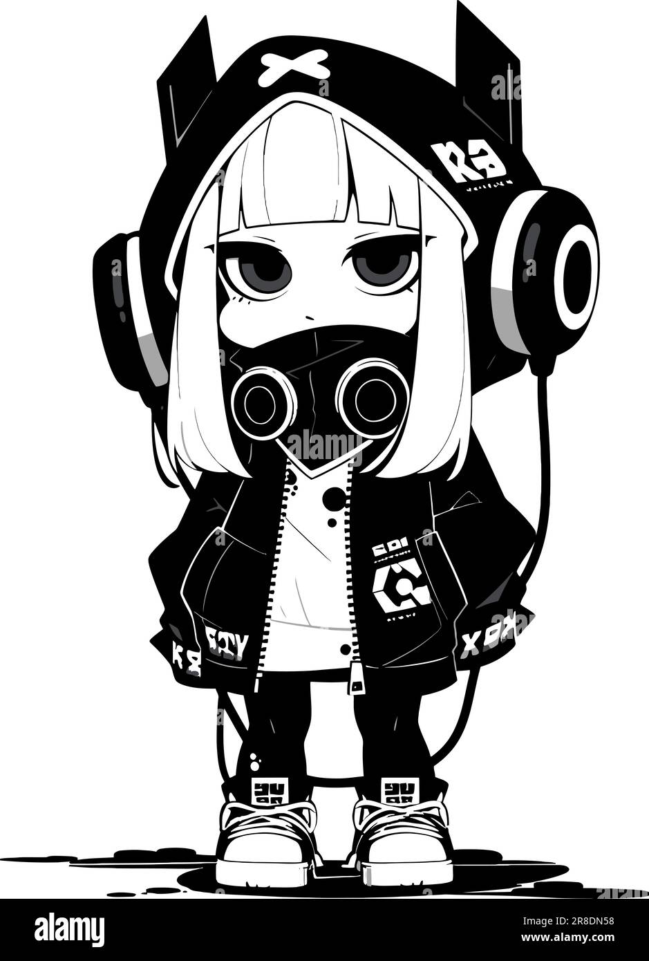 mignonne manga fille en noir sur blanc Illustration de Vecteur