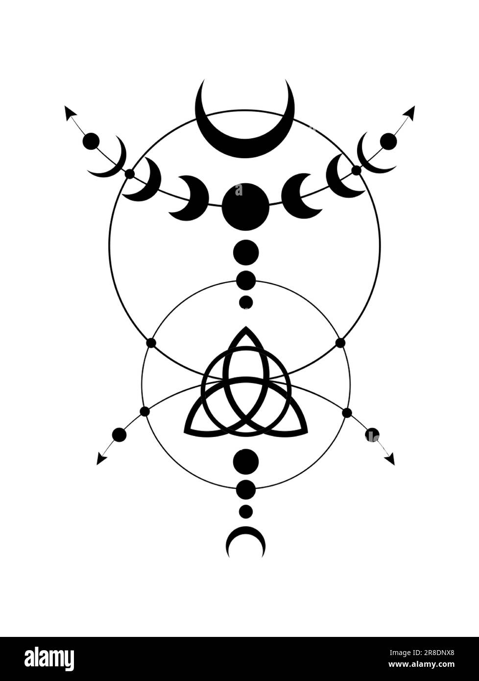 Phases mystiques de la Lune bordure du cadre de Wicca. Triquetra géométrie sacrée. Logo, symbole de la triple déesse Wiccan, cercle d'énergie, vecteur de style boho tattoo noir Illustration de Vecteur