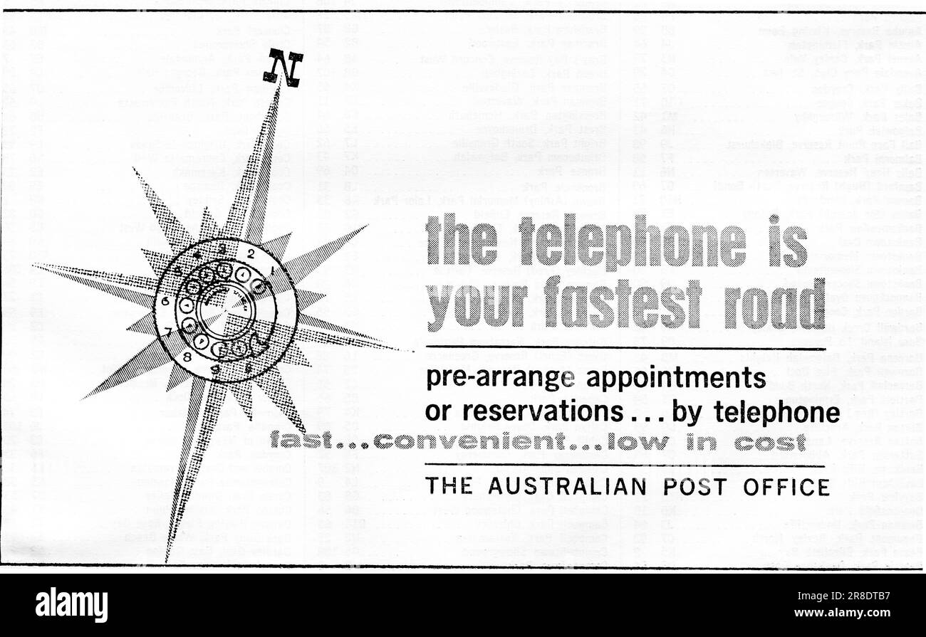 Une publicité de 1968 par la poste australienne, maintenant connue sous le nom d'Australia Post, pour encourager les gens à utiliser le téléphone t faire des réservations, des rendez-vous et des réservations. Banque D'Images