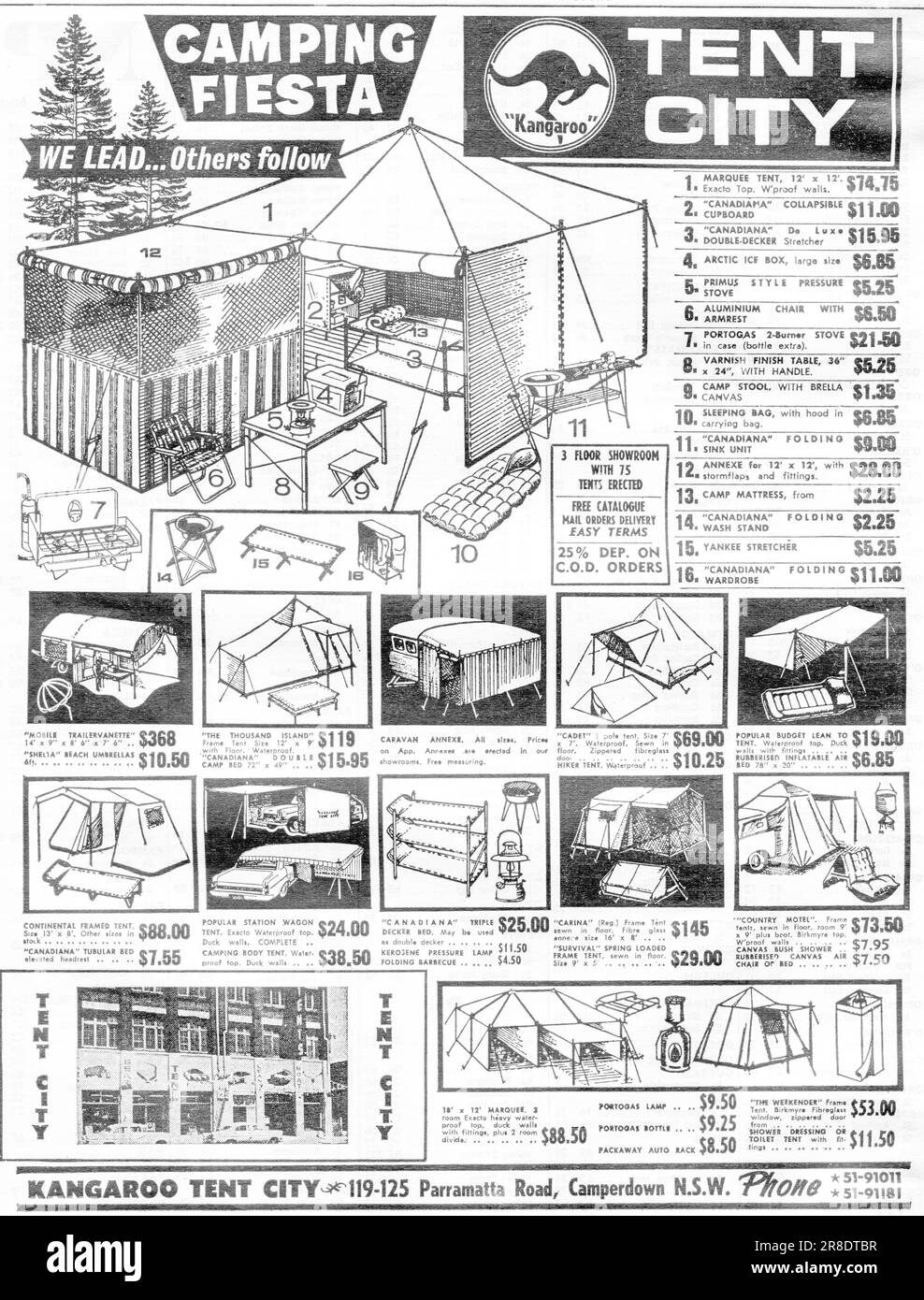 Une publicité de 1968 pour Kangaroo Tent City, sur Parramatta Road, Camperdown à Sydney, un détaillant de camping et de plein air en Australie qui a opéré entre 1949 et 2019. les tentes, les auvents et de nombreux accessoires de camping étaient inclus dans la publicité noire et blanche dessinée à la main Banque D'Images