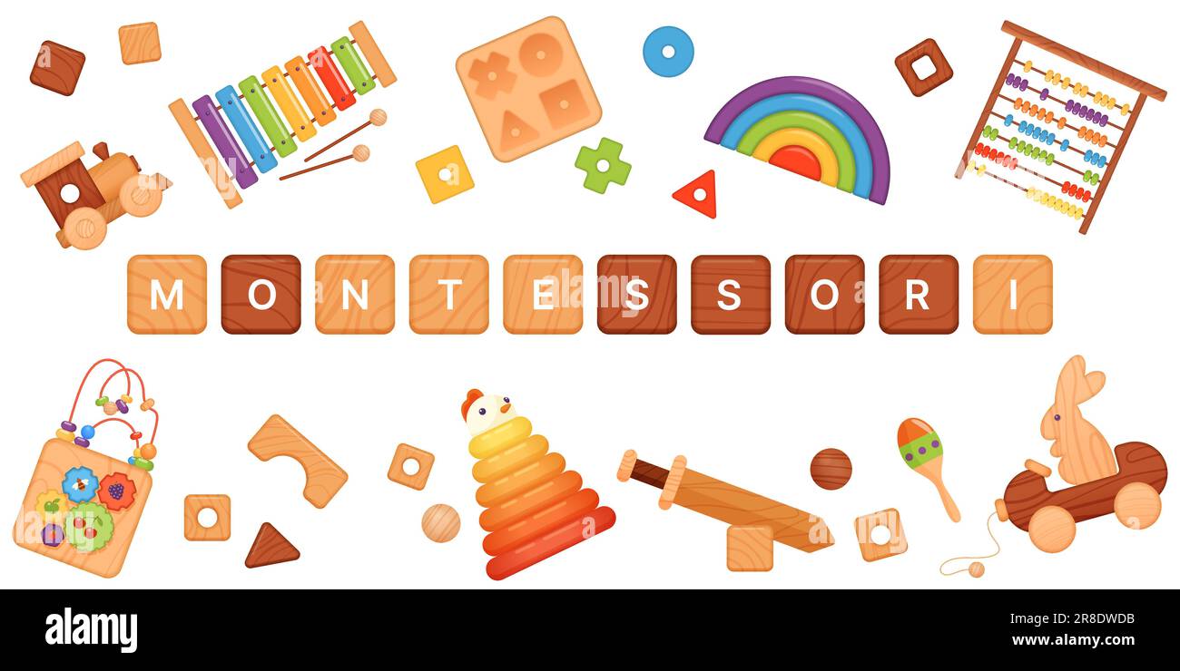 Illustration vectorielle de la bannière Montessori. Cubes en bois isolés de dessins animés avec lettrage Montessori, blocs de puzzle géométrique et jouets abacus, pyramide et arc-en-ciel pour le développement des jeunes enfants Illustration de Vecteur