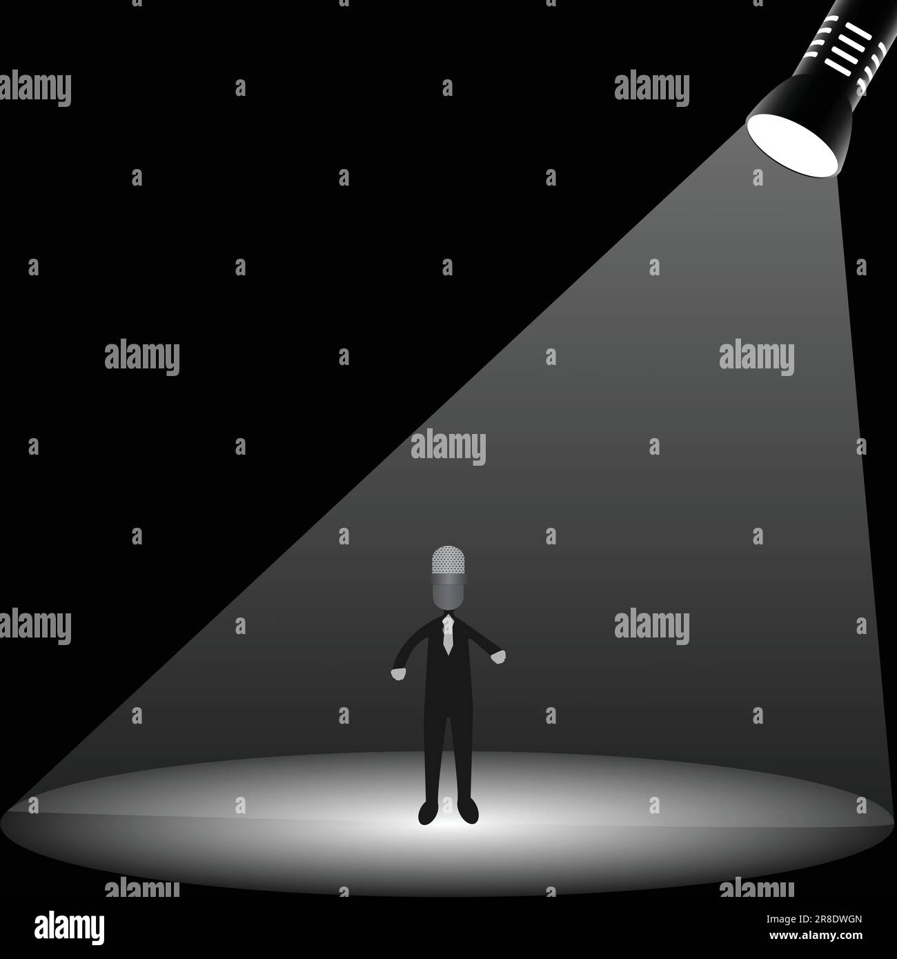 Silhouette d'un homme avec microphone au lieu de la tête sur la scène sous le projecteur Illustration de Vecteur