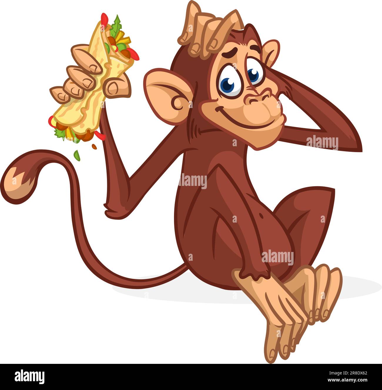 Dessin animé drôle singe chimpanzé tenant le falafel ou le kebab dans ses mains. Illustration vectorielle de la conception de personnage de singe heureux isolée. Illustration de Vecteur