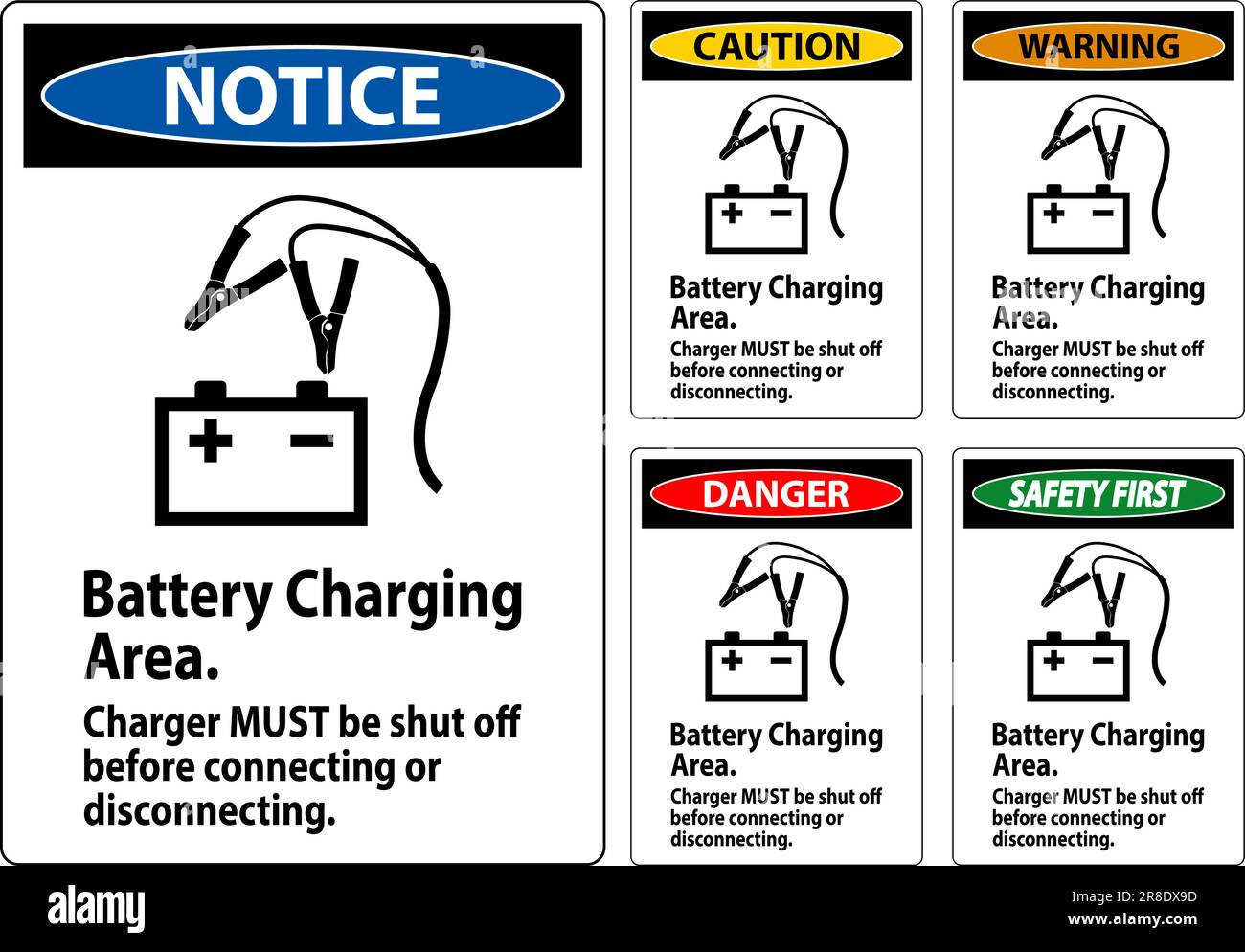 Avertissement zone de chargement de la batterie, le chargeur doit être  éteint avant la connexion ou le débranchement Image Vectorielle Stock -  Alamy