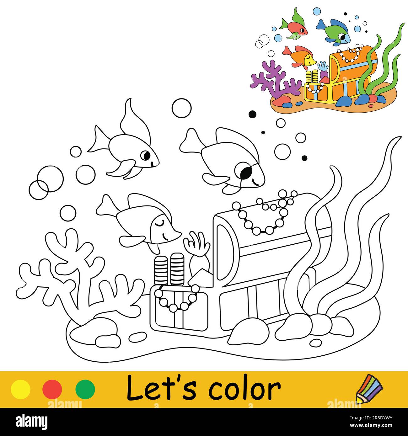 Coffre au Trésor et poissons sous l'eau. Illustration de dessin animé vectoriel. Page de coloriage pour enfants avec un échantillon de couleur. Pour l'impression, le design, l'affiche, l'autocollant, la carte, Illustration de Vecteur