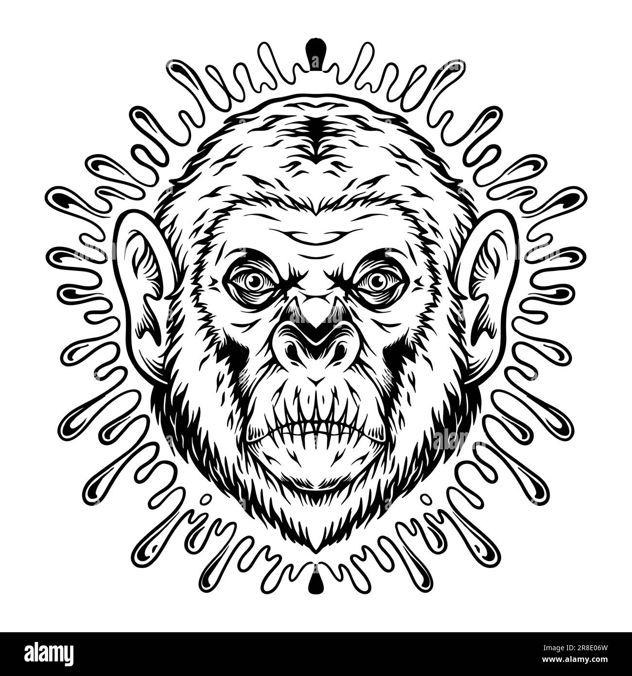 Tête de singe intrigue collante entourée de mystérieuses illustrations vectorielles de silhouette de substance pour votre logo de travail, t-shirt de marchandise, autocollants et l Banque D'Images