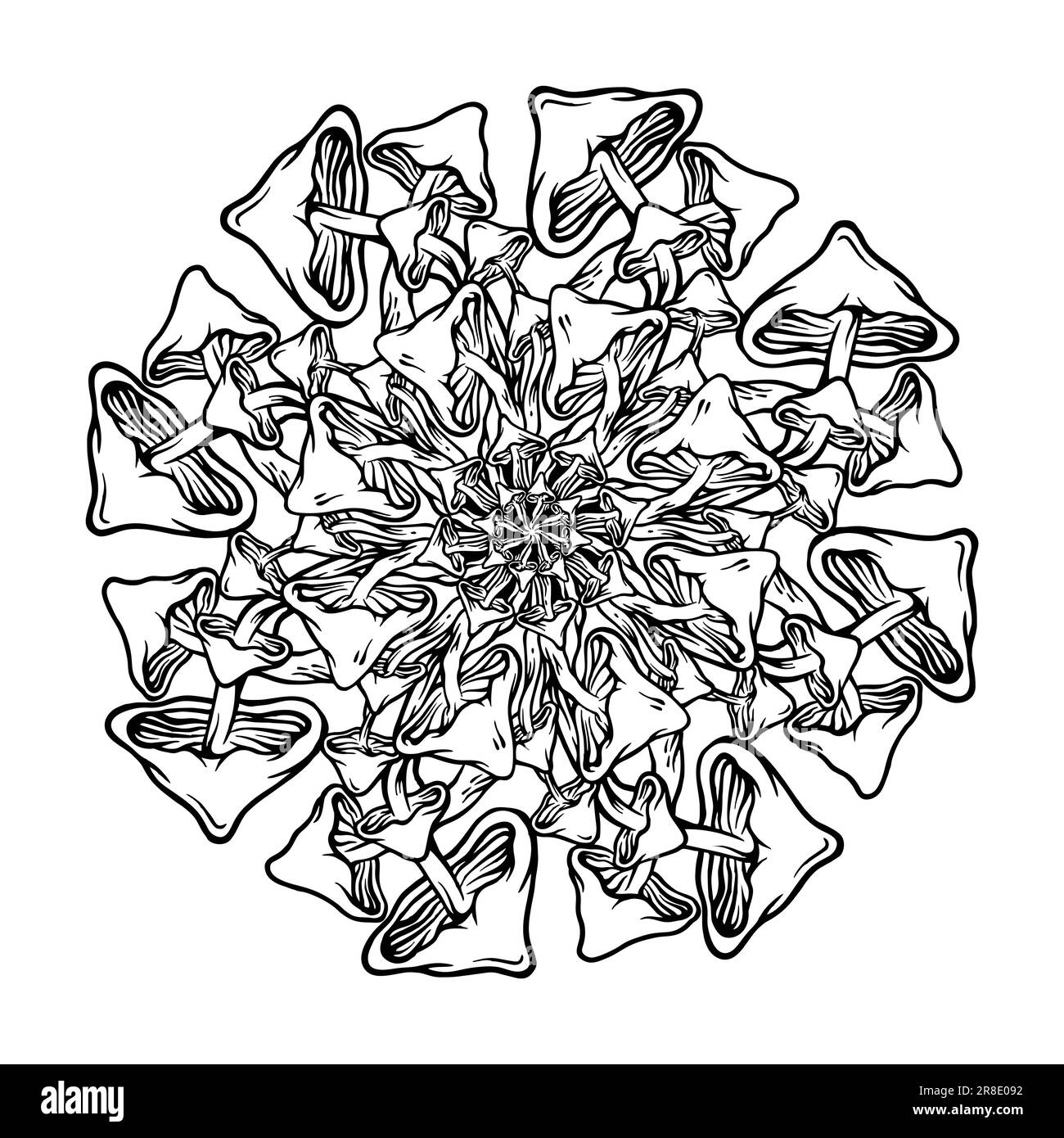 Mandala aux champignons des merveilles géométriques avec des illustrations vectorielles monochromes pour votre logo de travail, t-shirt de marchandise, autocollants et motif d'étiquette Banque D'Images