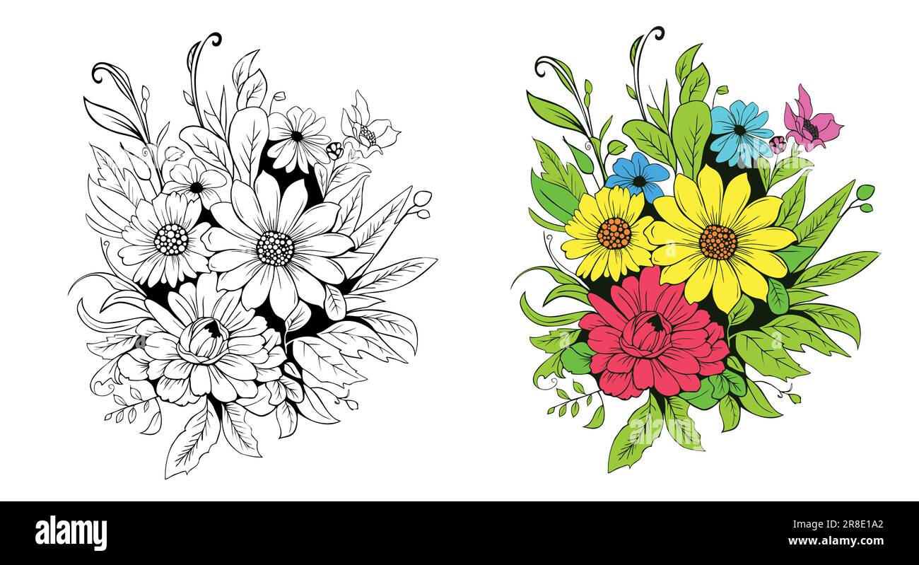 Esquisse de contour bouquet de fleurs pansy, esquisse de fleur violette