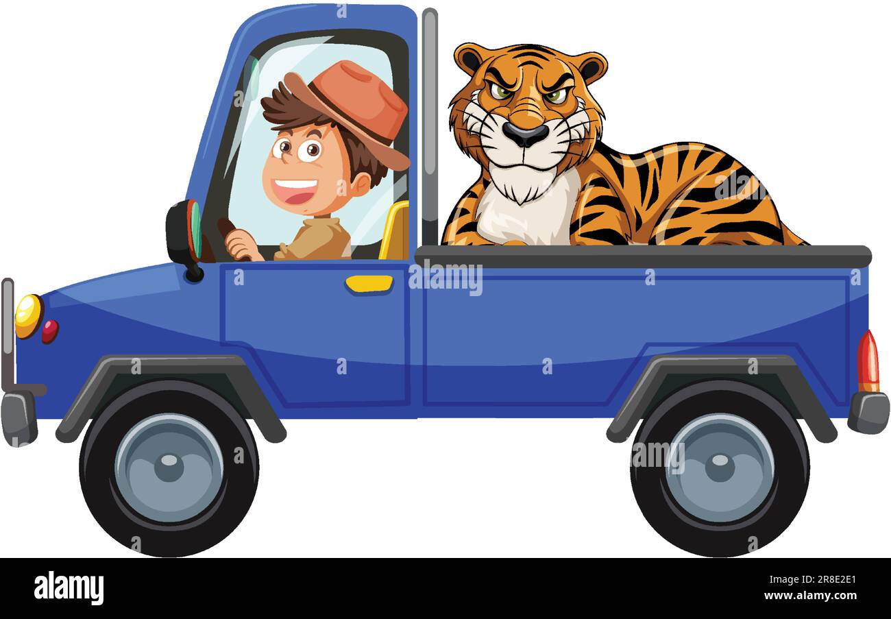 Wild Tiger Riding dans Safari camion dessin de personnage de dessin animé Illustration de Vecteur
