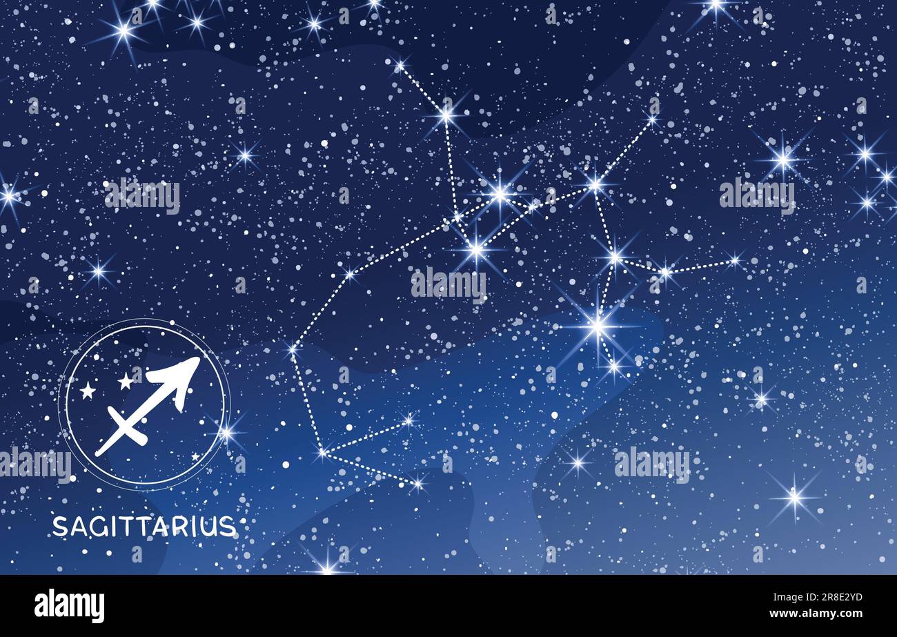 Constellation du Sagittaire dans le ciel bleu de nuit, signe du zodiaque, arrière-plan de l'astrologie de l'horoscope moderne, carte astronomique, vect mystique de la narration de la fortune Illustration de Vecteur