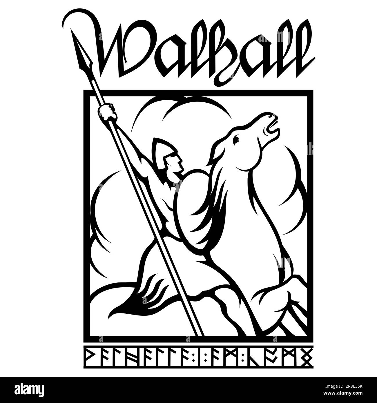 Vieux Norse, design viking. Guerrier viking sur cheval de guerre avec lance et bouclier dessinés dans un style rétro vintage. Inscription Valhalla Illustration de Vecteur