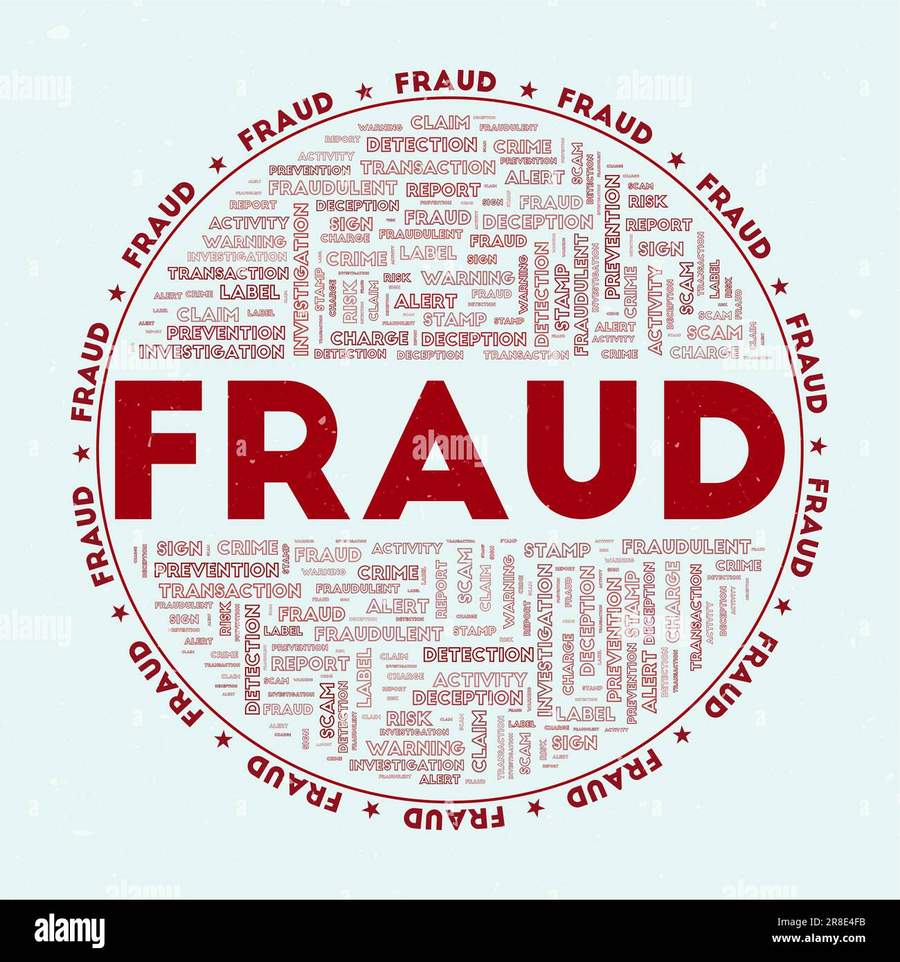 Fraude - badge rond. Fraude textuelle avec des nuages de mots-clés et du texte circulaire. Nuances de thème de couleur rubis et texture grunge. Illustration de Vecteur