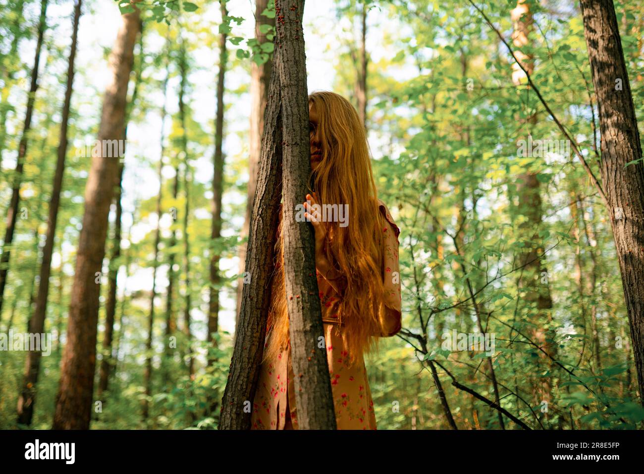 Jeune femme touchant l'arbre dans la forêt Banque D'Images