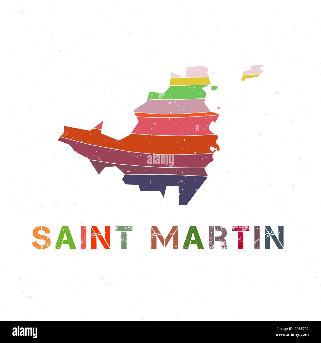 Conception de la carte Saint Martin. Forme de l'île avec de belles vagues géométriques et texture grunge. Illustration vectorielle charmante. Illustration de Vecteur
