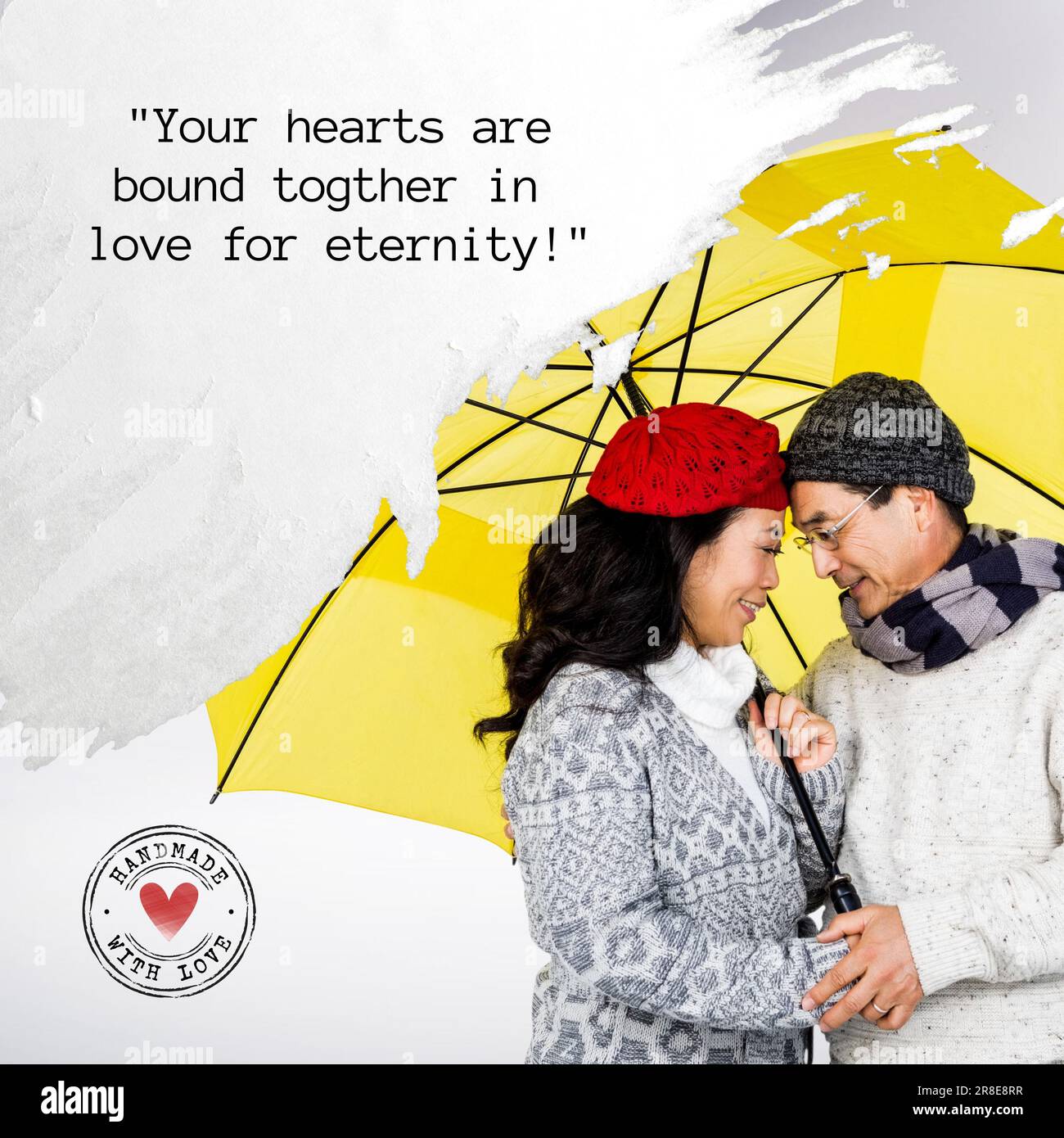 Composite de votre cœur sont liés ensemble dans l'amour pour l'éternité texte et couple asiatique sous parapluie Banque D'Images