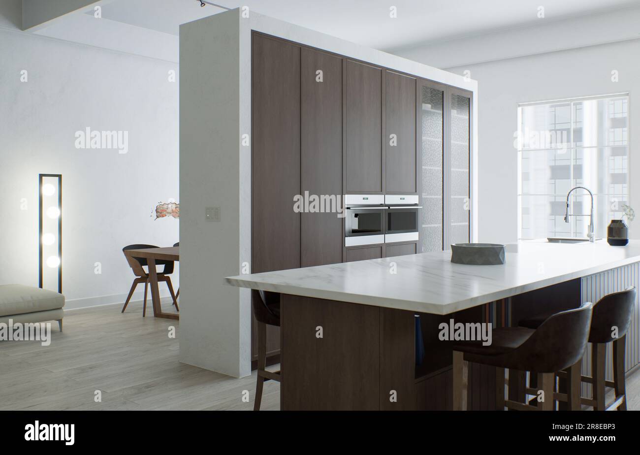 Minimalisme de la cuisine. Cuisine en bois avec grande île longue et tabourets de bar. Banque D'Images
