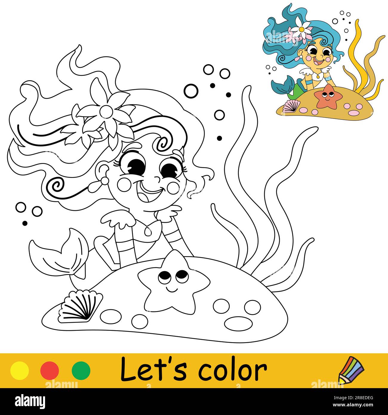 Mignonne et heureuse sirène et étoile de mer. Illustration de dessin animé vectoriel. Page de coloriage pour enfants avec un échantillon de couleur. Pour l'impression, le design, l'affiche, l'autocollant, la carte, de Illustration de Vecteur