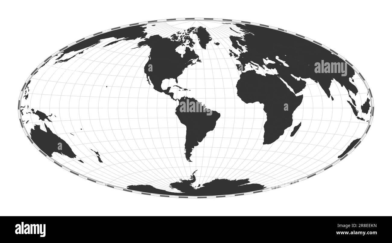 Carte du monde vectorielle. Projection Aitoff. Carte géographique du monde simple avec les lignes de latitude et de longitude. Centré sur 60 degrés de longitude est. Illustration de Vecteur