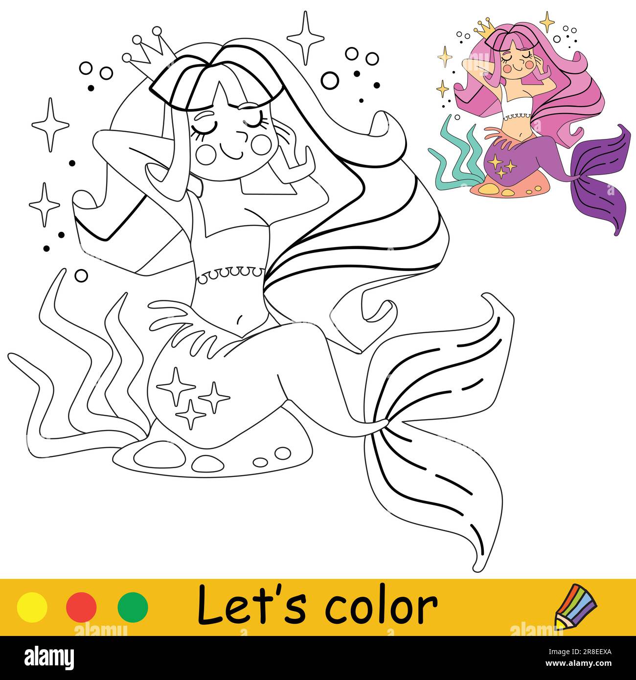 Princesse mignonne et heureuse. Illustration de dessin animé vectoriel. Page de coloriage pour enfants avec un échantillon de couleur. Pour l'impression, le design, l'affiche, l'autocollant, la carte, décoration Illustration de Vecteur