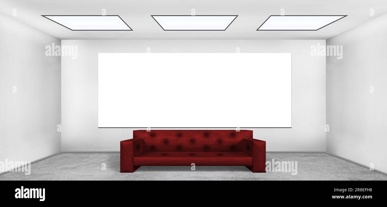 Affiche vierge dans la chambre vide du loft avec canapé en cuir rouge Banque D'Images