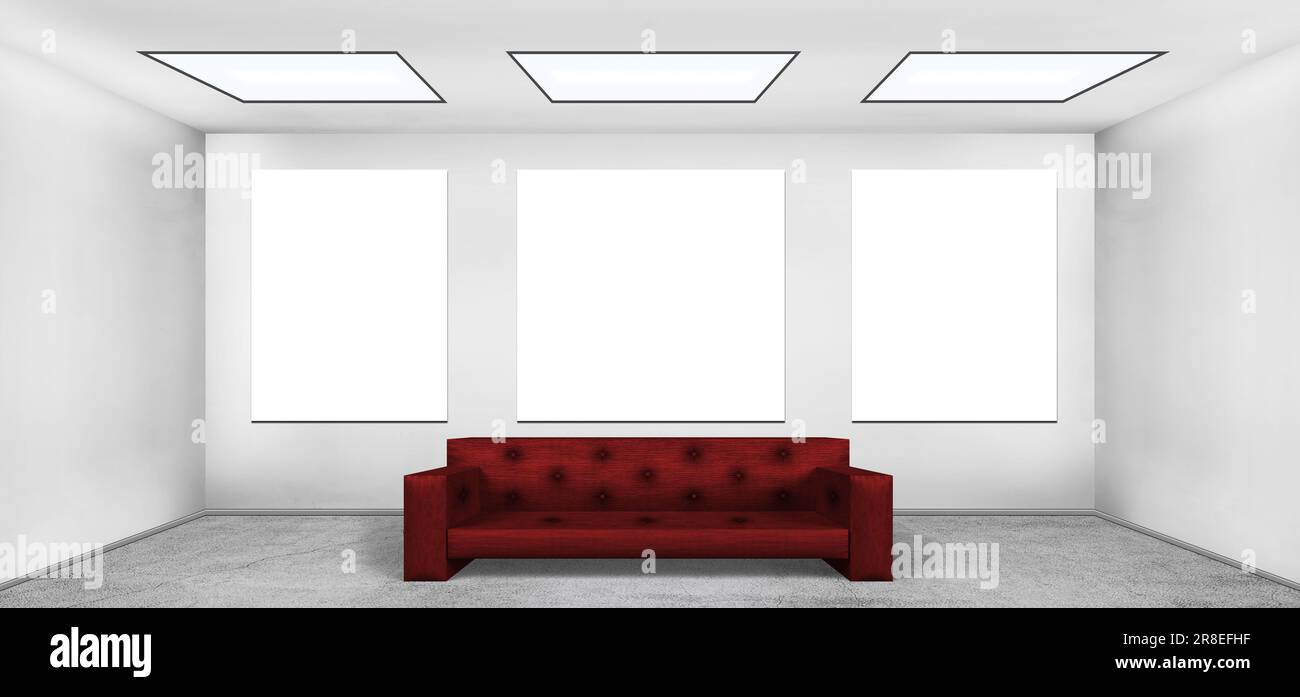 Trois affiches vierges dans la chambre vide du loft avec canapé en cuir rouge Banque D'Images