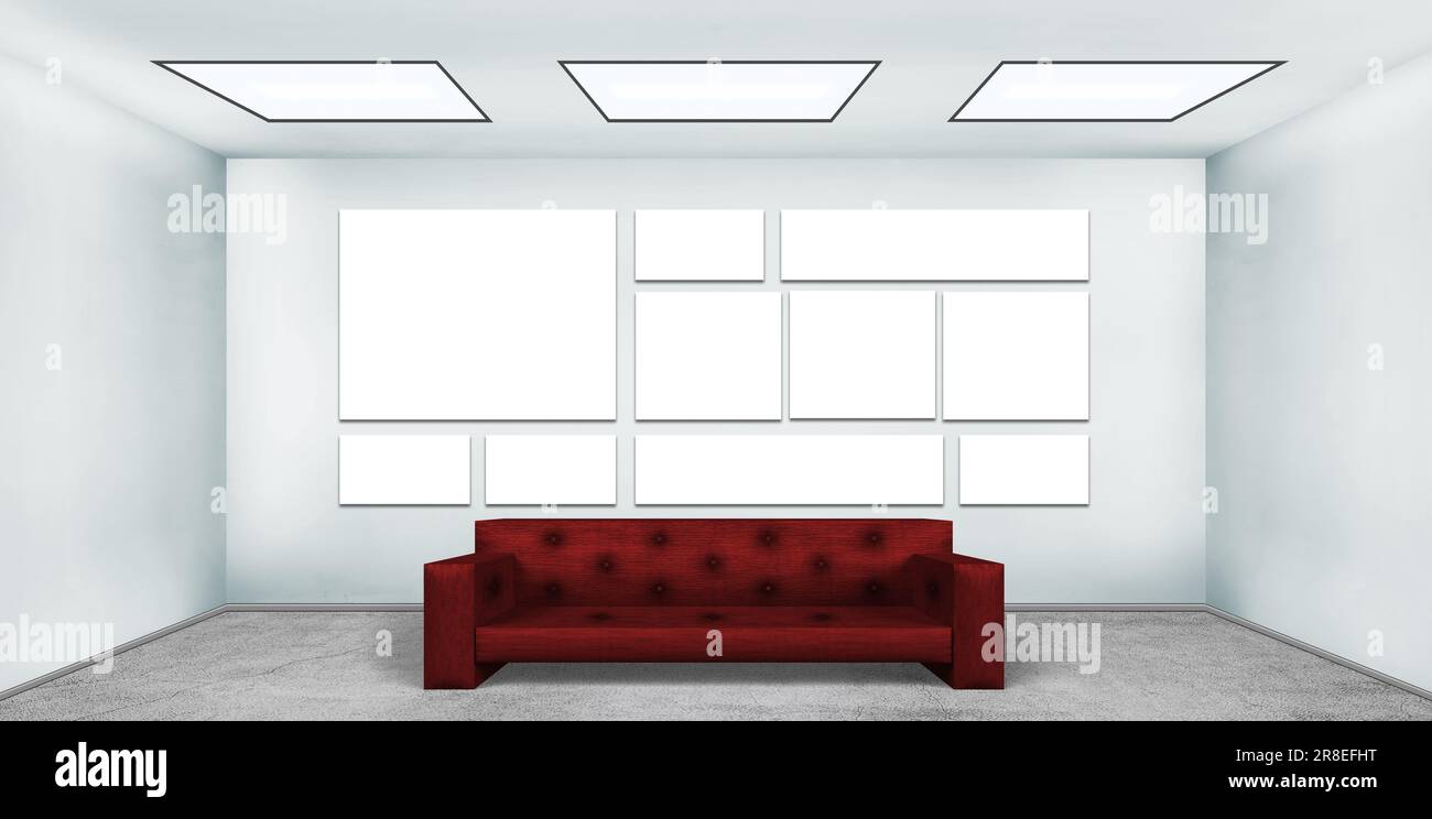 Affiche blanche dans la chambre vide avec canapé en cuir rouge Banque D'Images