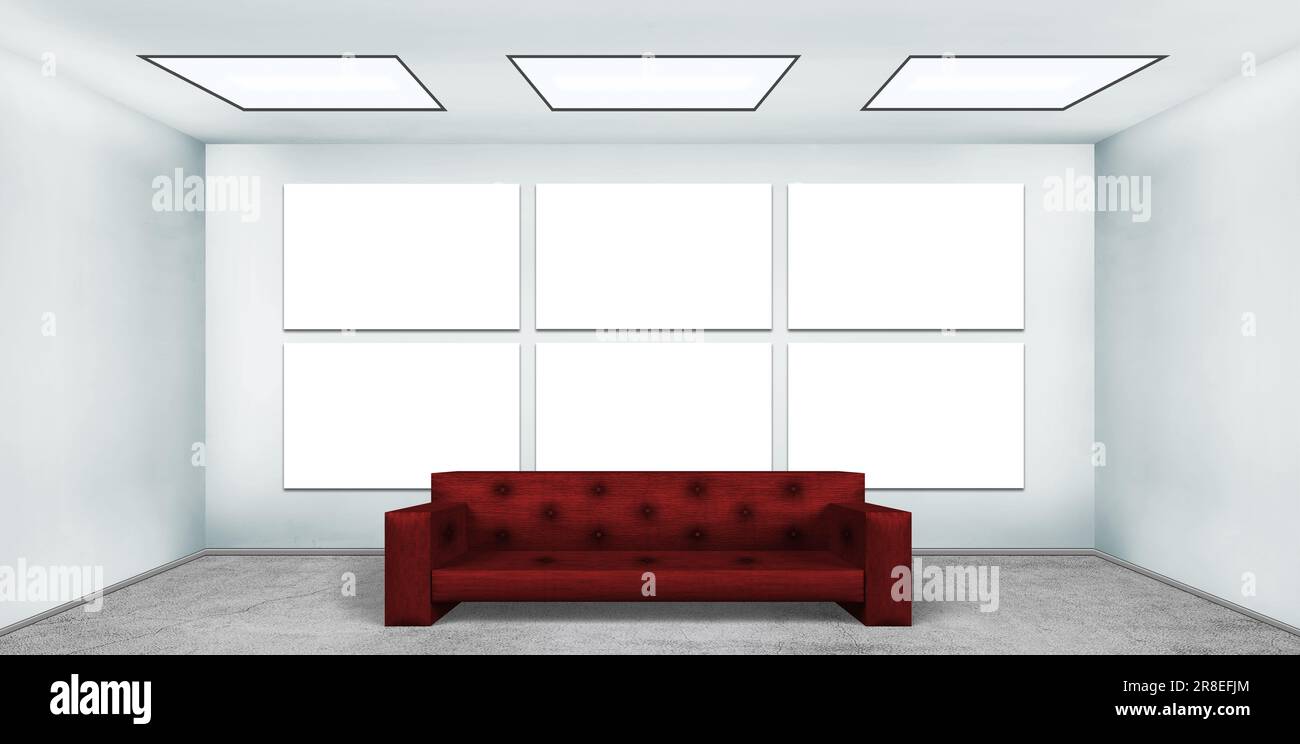Chambre vide de style loft avec six affiches et canapé en cuir rouge Banque D'Images