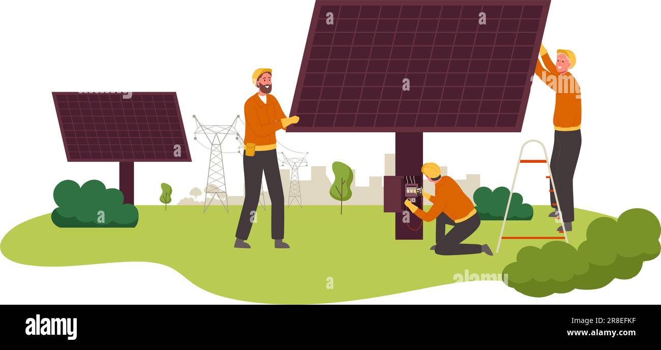 Les employés des services publics installent des panneaux solaires. Illustration vectorielle de la maintenance de la centrale solaire, de l'énergie verte durable et des lignes électriques. Cha. Mâle Illustration de Vecteur