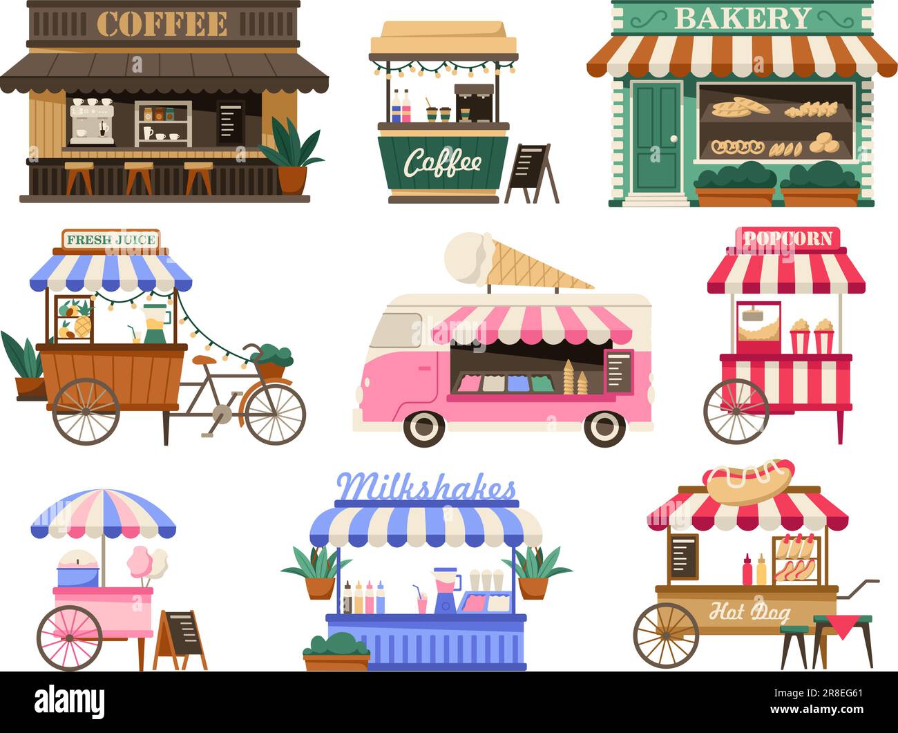 Étals et stands de marché confortables. Café et boulangerie, minibus à crème glacée, pop-corn, bonbons en coton, hot dog et bornes à boissons ensemble d'illustrations vectorielles. Sellin Illustration de Vecteur