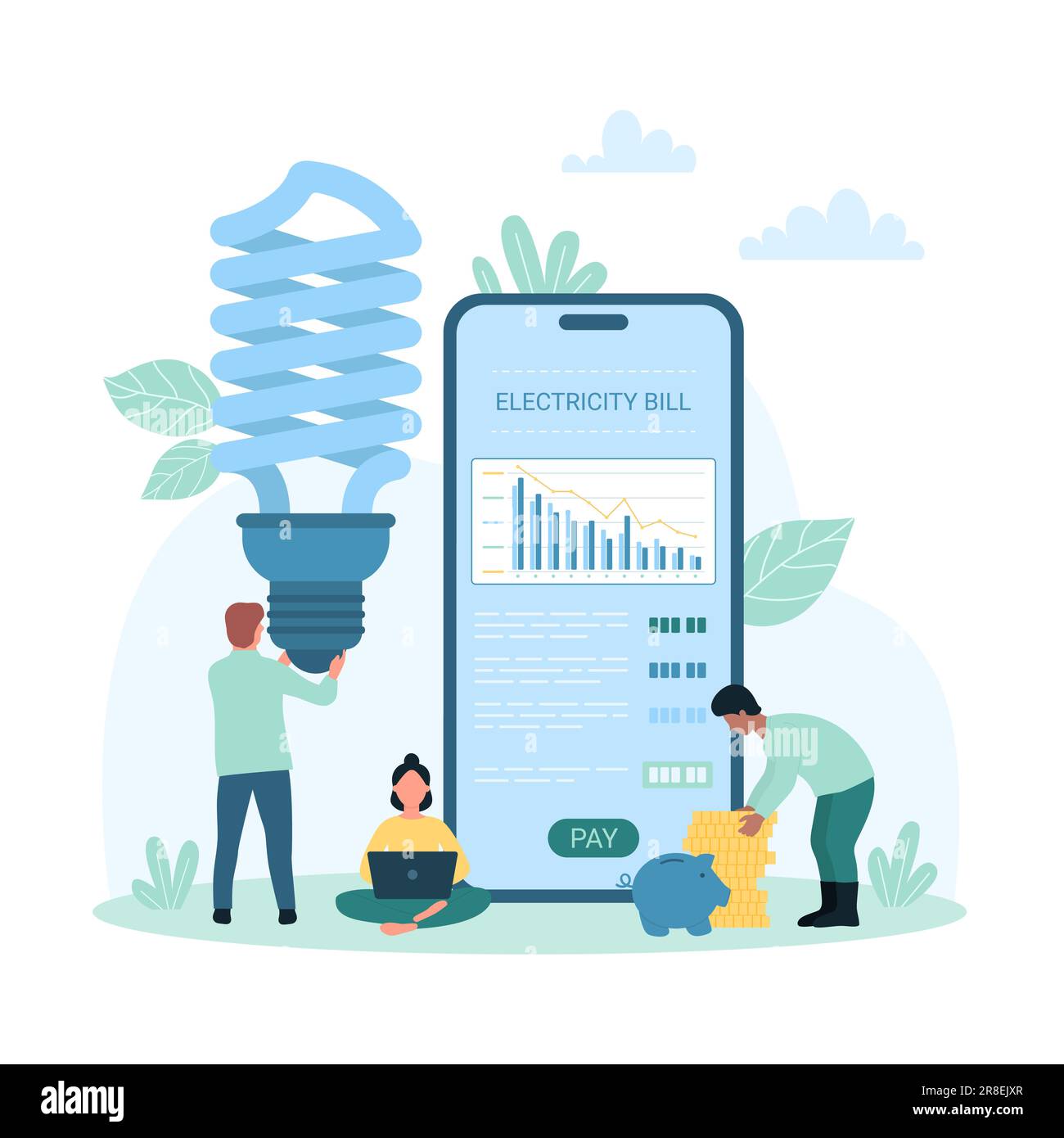 Illustration vectorielle économie d'électricité et d'argent. Caricature de personnes minuscules utilisant l'ampoule fluocompacte à la maison pour réduire la consommation d'électricité, l'interface de compte avec l'électricité facture vers le bas sur l'écran du téléphone Illustration de Vecteur