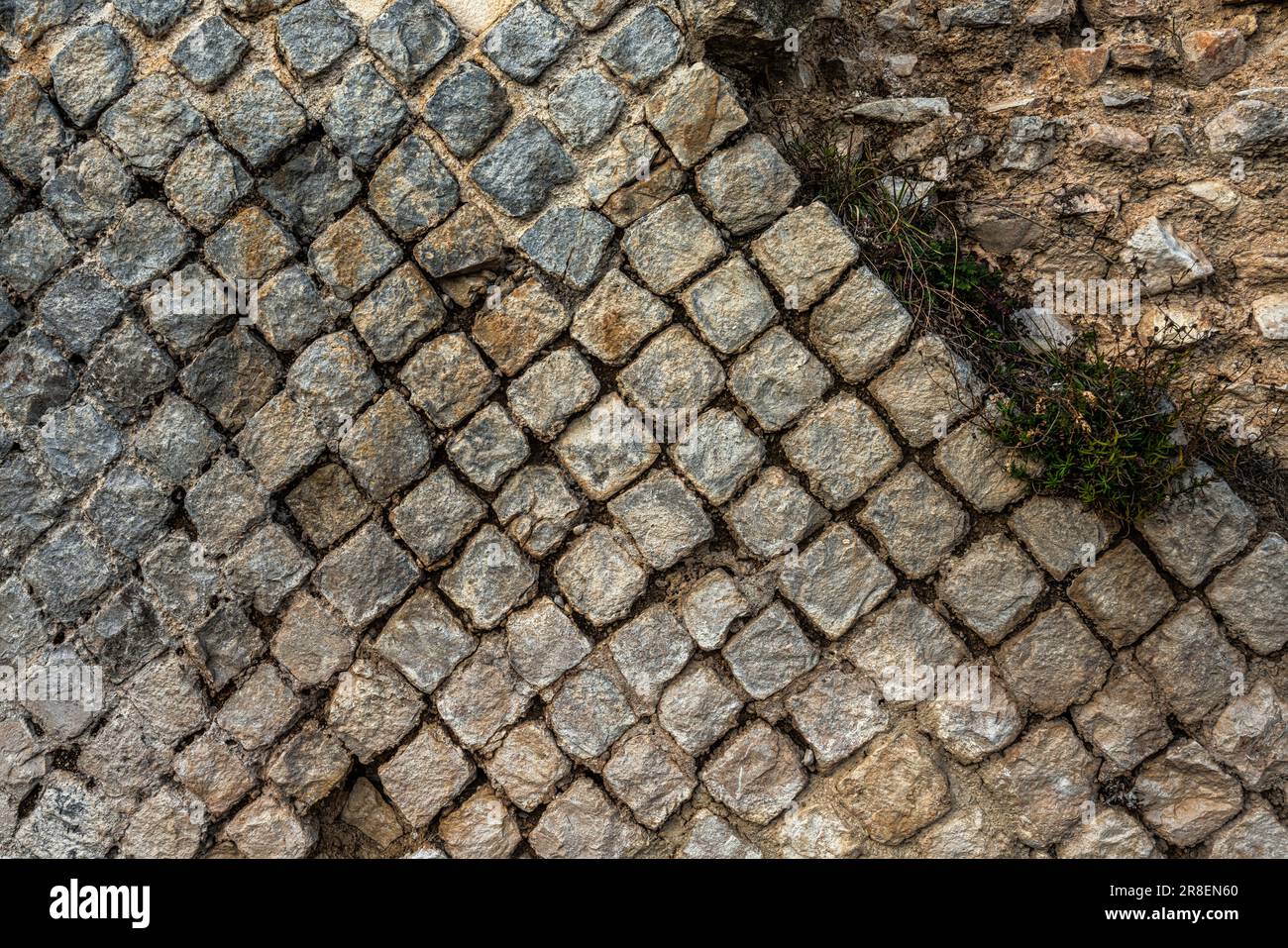 Dans le site archéologique de Peltuinum, les anciens murs romains, l'opus reticulatum, émergent de nouveau du sol. Peltuinum, Abruzzes Banque D'Images