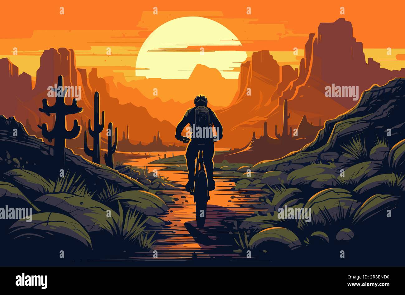 Biker sur un sentier menant aux canyons au coucher du soleil, dans une nature sauvage avec des cactus et des rochers, illustration vectorielle. Illustration de Vecteur