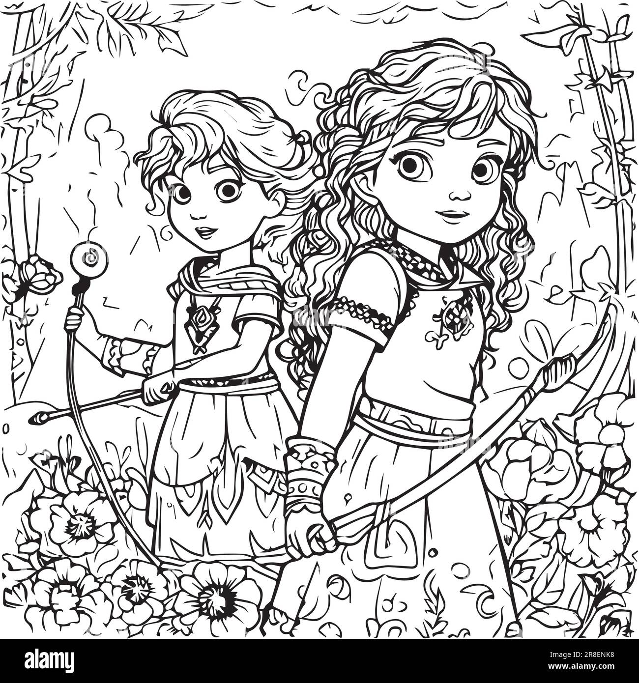 Deux Brave Line art fille coloriage page design Illustration de Vecteur