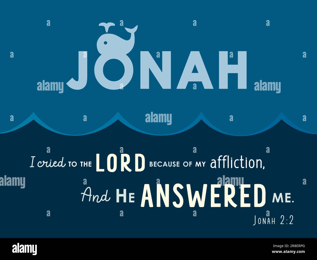 JJonas Bible lettering avec silhouette de baleine. Citation du livre de Jonas - J'ai crié au Seigneur à cause de mon affliction, et il m'a répondu. Illustration de Vecteur