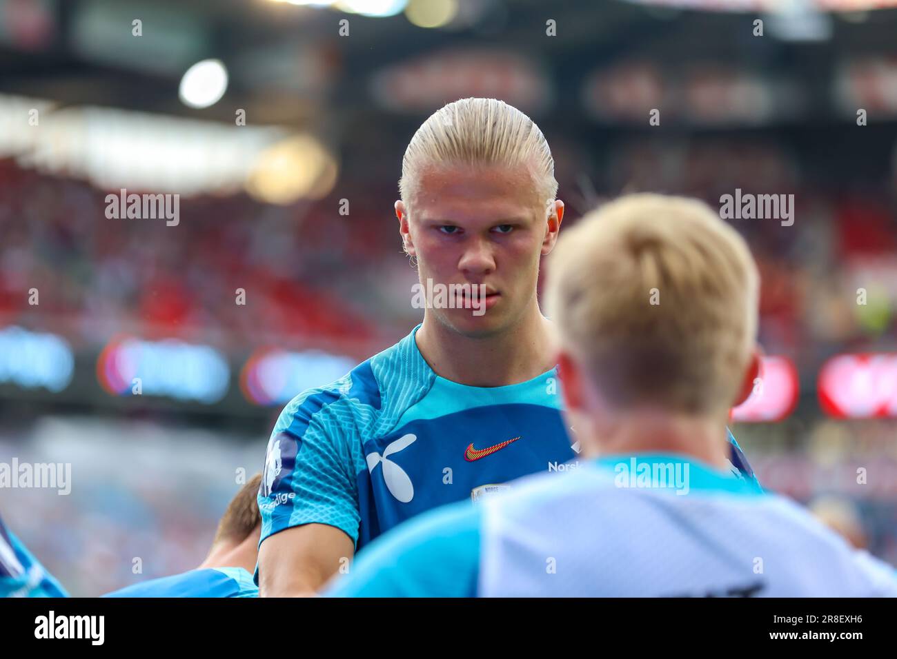 Oslo, Norvège, 20th juin 2023. Le Norway Erling Braut Haaland est très concentré avant le qualificatif de l'UEFA Euro 2024 entre la Norvège et Chypre au stade Ullevål à Oslo crédit: Frode Arnesen/Alay Live News Banque D'Images