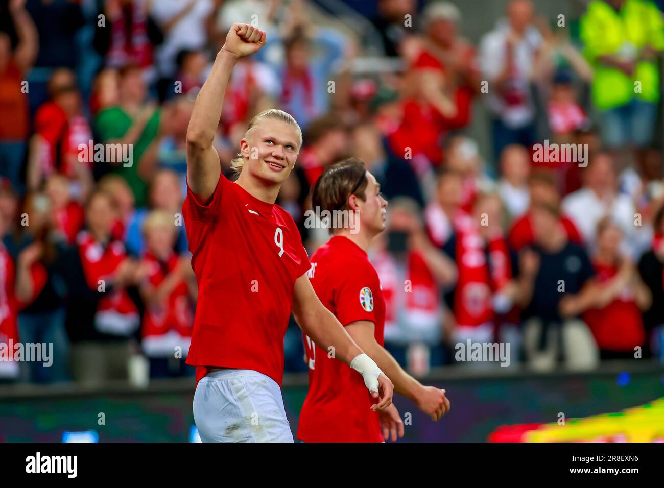 Oslo, Norvège, 20th juin 2023. Erling Braut Haaland, de Norvège, célèbre une pénalité dans le cadre de l'UEFA Euro 2024 entre la Norvège et Chypre au stade Ullevål d'Oslo Credit: Frode Arnesen/Alay Live News Banque D'Images