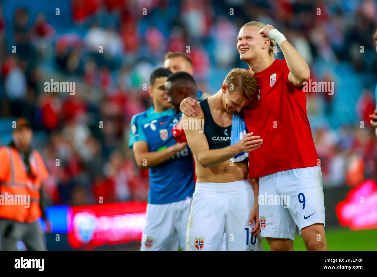 Oslo, Norvège, 20th juin 2023. Erling Braut Haaland en Norvège et Martin Ødegaard en Norvège après le qualificatif de l'UEFA Euro 2024 entre la Norvège et Chypre au stade Ullevål d'Oslo crédit : Frode Arnesen/Alay Live News Banque D'Images