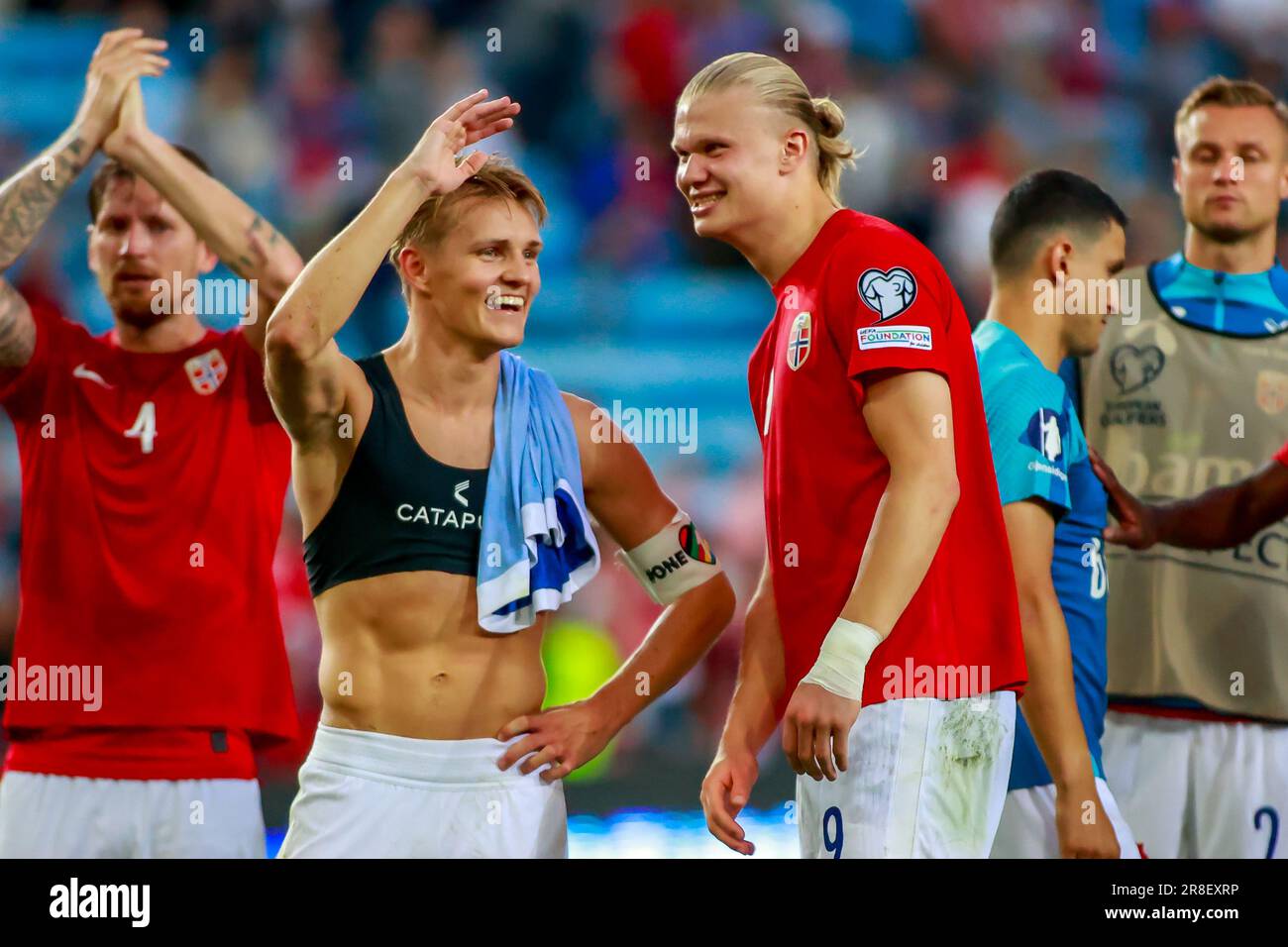 Oslo, Norvège, 20th juin 2023. Erling Braut Haaland en Norvège et Martin Ødegaard en Norvège après le qualificatif de l'UEFA Euro 2024 entre la Norvège et Chypre au stade Ullevål d'Oslo crédit : Frode Arnesen/Alay Live News Banque D'Images
