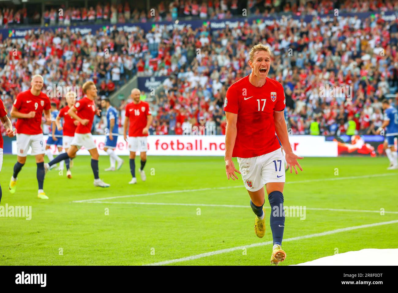 Oslo, Norvège, 20th juin 2023. Ola Solbakken, de Norvège, célèbre son premier but de Norvège dans le cadre de l'UEFA Euro 2024 entre la Norvège et Chypre au stade Ullevål d'Oslo Credit: Frode Arnesen/Alay Live News Banque D'Images