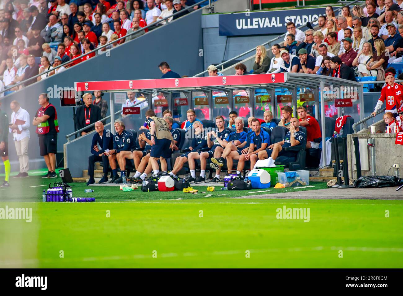 Oslo, Norvège, 20th juin 2023. Le banc norvégien en retard dans le qualificatif Euro 2024 de l'UEFA entre la Norvège et Chypre au stade Ullevål à Oslo crédit: Frode Arnesen/Alay Live News Banque D'Images