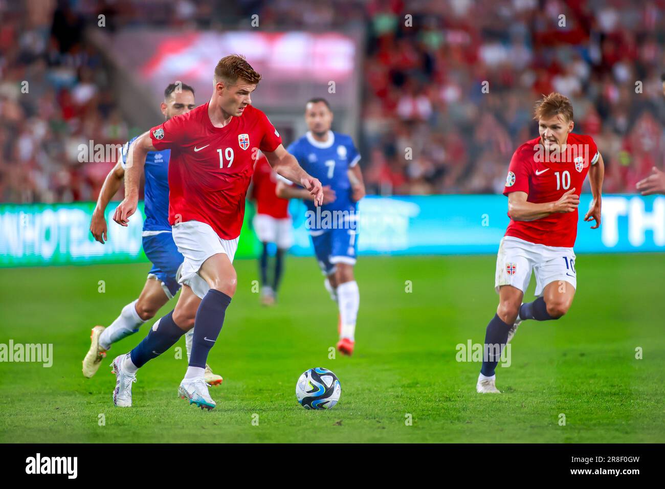 Oslo, Norvège, 20th juin 2023. Alexander Sørloth de Norvège sur le ballon dans le qualificatif Euro 2024 de l'UEFA entre la Norvège et Chypre au stade Ullevål à Oslo crédit: Frode Arnesen/Alay Live News Banque D'Images