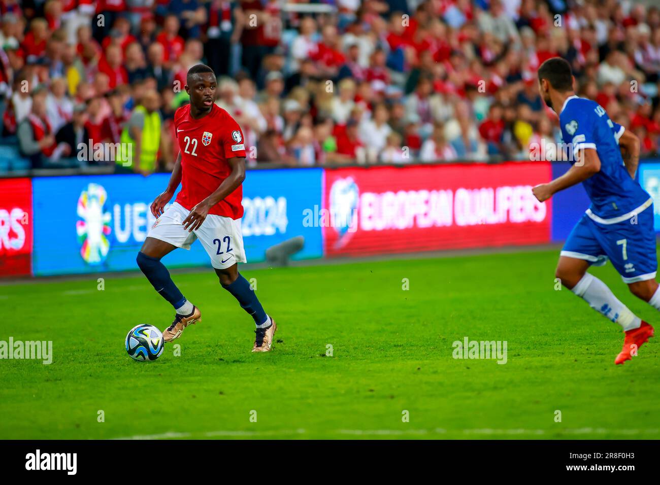 Oslo, Norvège, 20th juin 2023. Brice Wembangomo avec un début pour la Norvège dans le qualificatif de l'UEFA Euro 2024 entre la Norvège et Chypre au stade Ullevål à Oslo Credit: Frode Arnesen/Alay Live News Banque D'Images