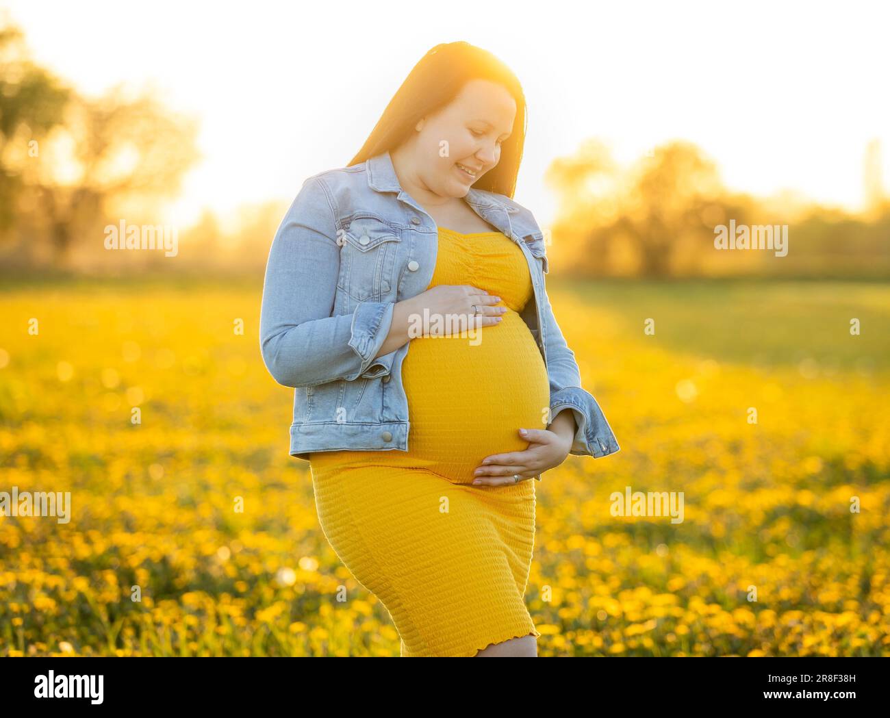 Jeune femme enceinte qui se renverse au ventre pendant un beau coucher — free download