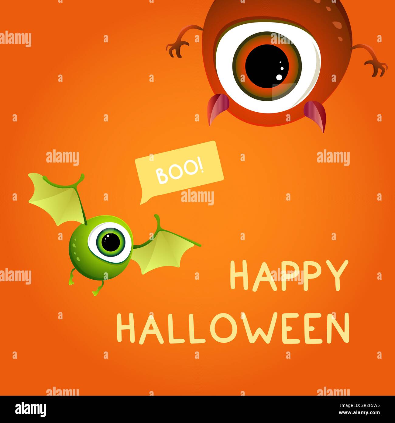 Une carte avec de jolis monstres heureux Halloween. Avec rond, grand oeil diable et vert volant. Illustration vectorielle Illustration de Vecteur
