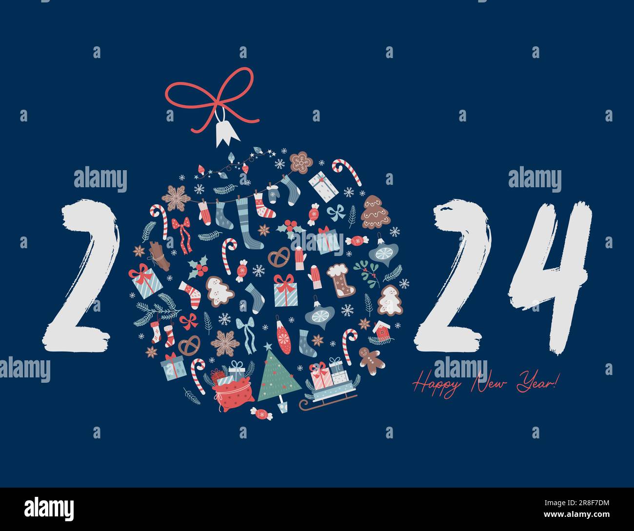 2024 bonne année. Boule de Noël de décoration festive et date de l'année  2024 sur fond bleu. Illustration vectorielle. Carte de vœux horizontale  mignonne temp Image Vectorielle Stock - Alamy