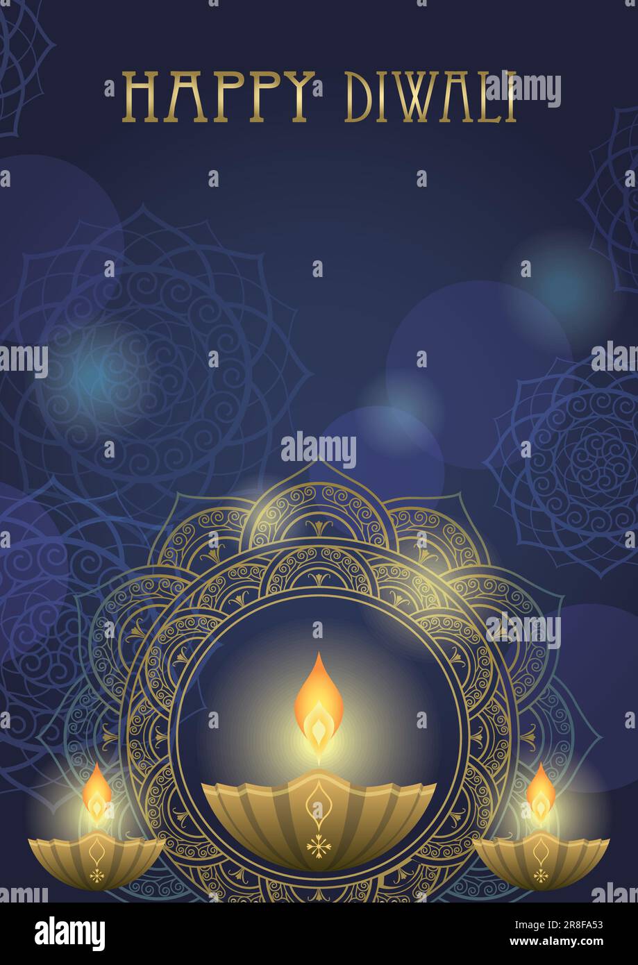 Fond Diwali heureux avec bougies votives, motifs Mandala et espace texte. Illustration vectorielle. Illustration de Vecteur