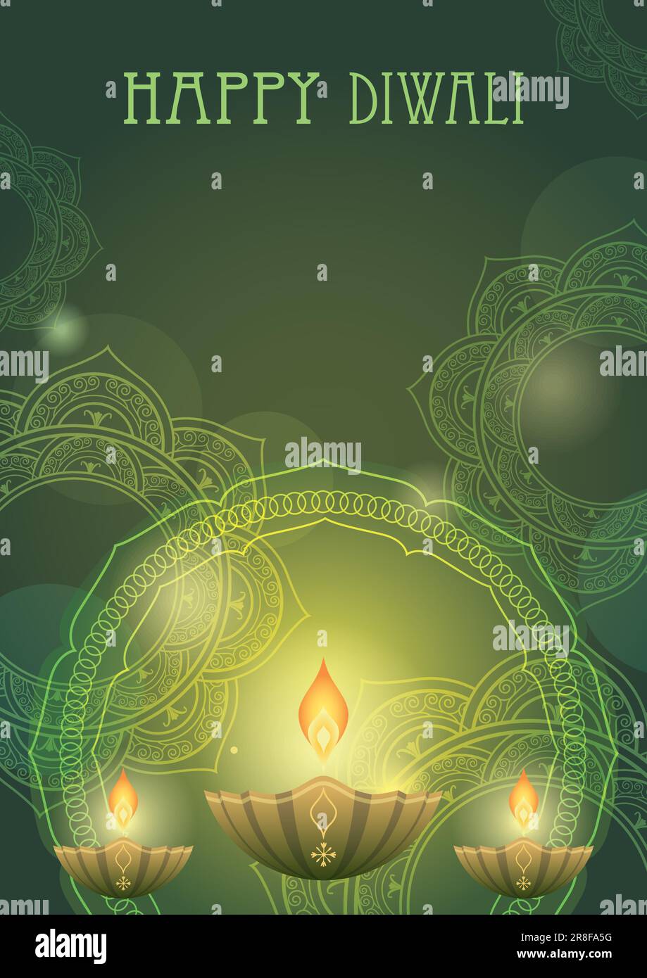 Fond Diwali heureux avec bougies votives, motifs Mandala et espace texte. Illustration vectorielle. Illustration de Vecteur