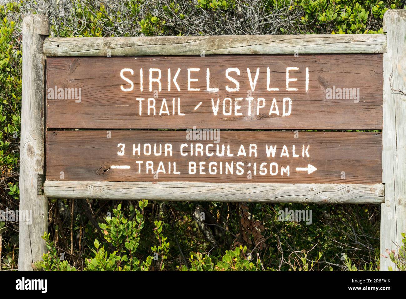 Sirkelsvlei Trail randonnée route panneau en bois ou signalisation dans le parc national du Cap de bonne espérance, réserve naturelle de Cape point, Western Cape, Afrique du Sud Banque D'Images